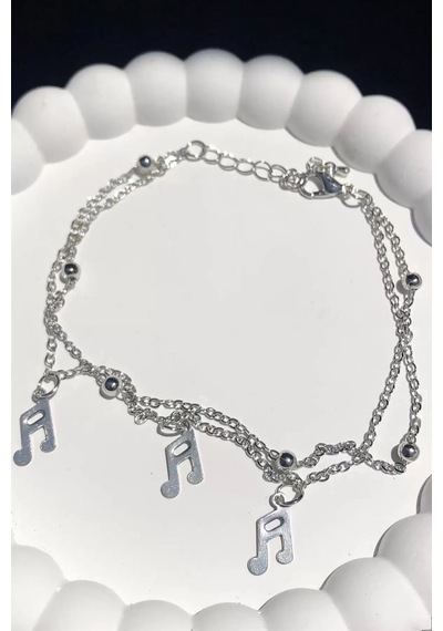 Caş Dekorasyon Gümüş Renk Nota Figürlü İkili Zincirli Halhal Gümüş