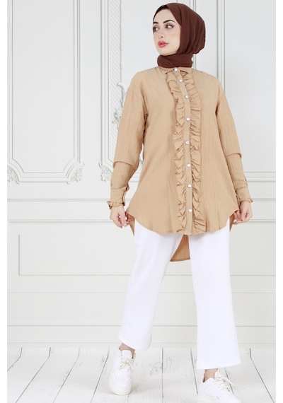 Sevitli Önü Fırfır Detaylı Tunik-bej-3579 Bej