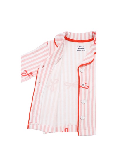 Bebegen Kız Bebek Beyaz Pudra Fiyonklu Çizgili Pijama Takımı
