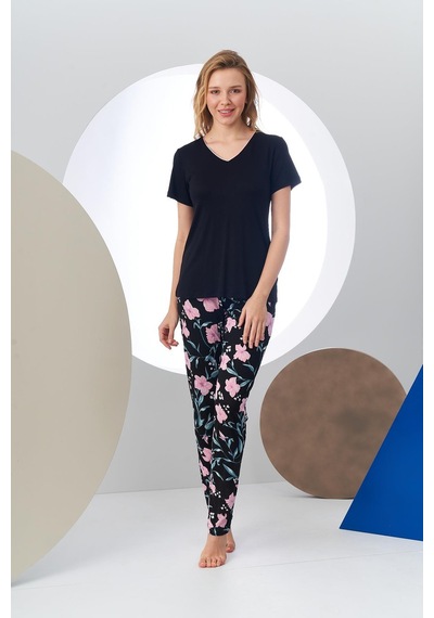 Pjs 24168 Kadın Kısa Kollu V Yaka Desenli Pijama Takım 001
