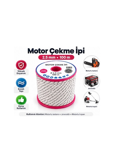 Algaride 2.5mm Motor Çekme İpi 100 Mt Motorlu Testere Jeneratör Ve Motorlu Tırpan Uyumlu Starter Marş İpi