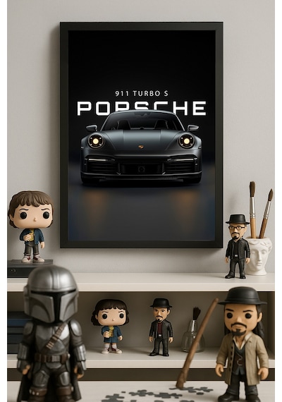 Porsche 911 Turbo S Siyah Ahşap Çerçeveli Poster, Dekoratif Araba Duvar Tablosu