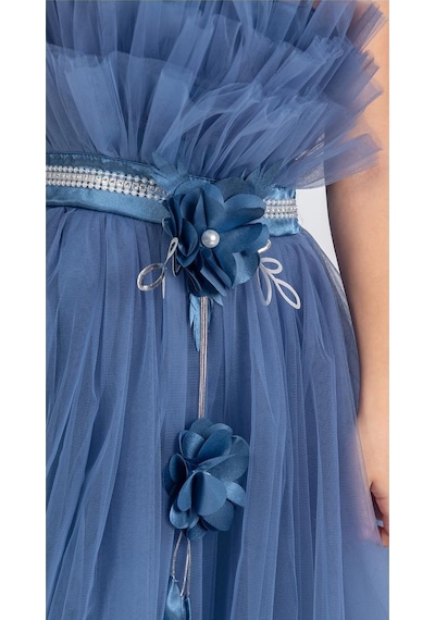 Mnk Baby & Kids Kız Çocuk Robası Katlı Özel Gün Abiye Elbise Mnk0475 İndigo