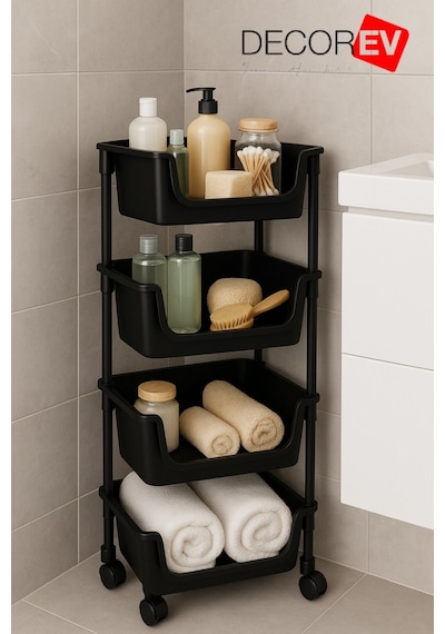 4 Katlı Tekerlekli Plastik Organizer Raf Çok Amaçlı Mutfak, Banyo Ve Ofis Düzenleyici Siyah Dc-6824 Beyaz
