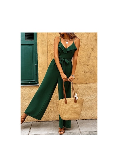 Butik İstanbul Kadın Ip Askılı V Fırfır Yakalı Beli Kuşaklı Uzun Sandy Tulum Yeşil