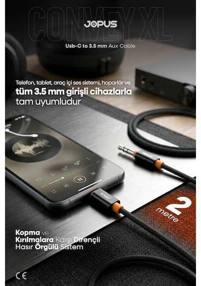 Jopus İphone Android Uyumlu - Type-c To 3.5mm Aux Ses Kablosu - Tak Çalıştır Aux Örgülü - 2 Metre Ja-12