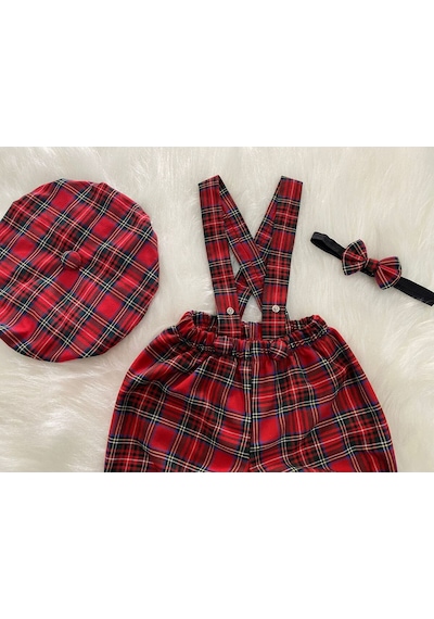 Eylülce Butik Kırmızı Ekoseli Çocuk Askılı Şort Salopet & Ressam Şapkası & Papyon Takım-