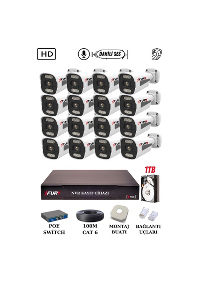 Fury 16 Kameralı Ip Güvenlik Kamerası Seti Sesli 4mp Gece Renkli Su Geçirmez 1506s 1tb