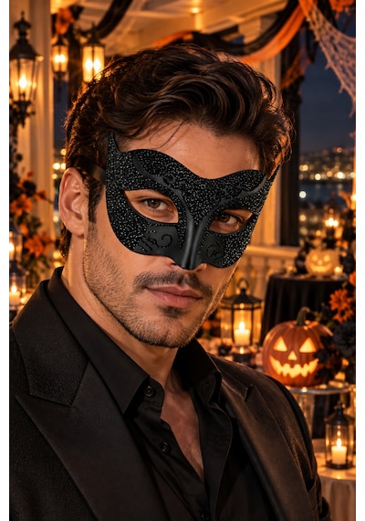 Siyah Simli Venedik Maskesi Desenli Bağcıklı Yılbaşı Halloween Cadılar Bayramı Parti Maskesi