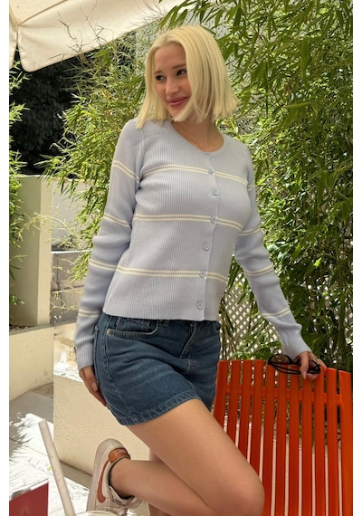 Madmext Mavi Çizgili Kadın Triko Hırka Mg2481 Mavi