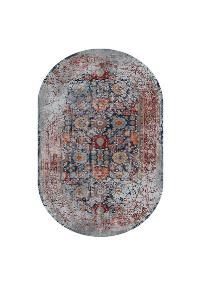 Vintage Desen Pamuk Taban Dijital Baskılı Yıkanabilir Oval Halı Gri