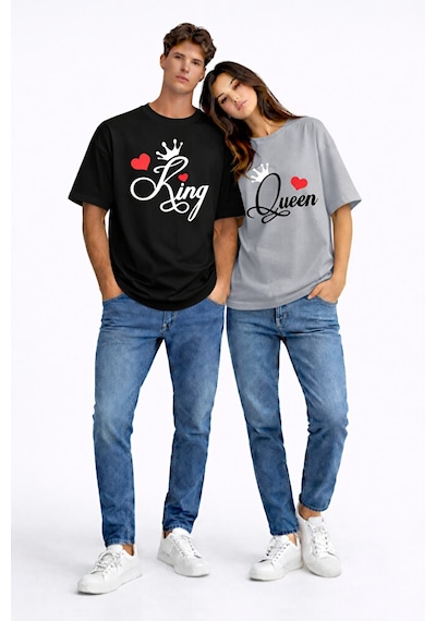 King Queen Sevgili Kombini Çift Tişört Matching Couple Oversize U Siyah-antrasit
