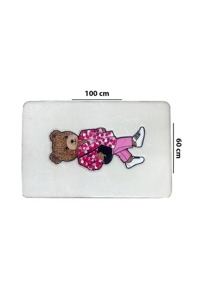 Boss Bear Ekru Tekli Nakışlı Banyo Paspası ,kaymaz Tabanlı 60x100cm Ekru-tekli
