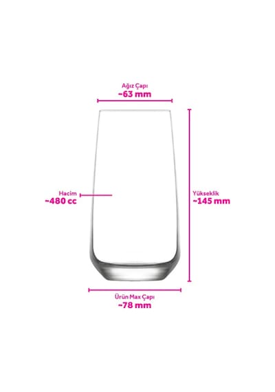 Lav Lal Cam Meşrubat Bardağı 6'lı 480 ml (Büyük Su/Kokteyl Bardağı )