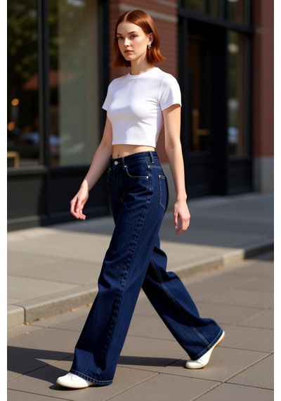 Ersefa Kadın Wide Leg Denim Pantolon Fonksiyonel Dayanıklı Kaliteli Konf Koyu Mavi