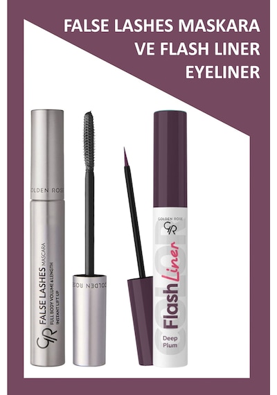 False Lashes Siyah Maskara Ve Flash Liner Mürdüm Eyeliner Makyaj Seti