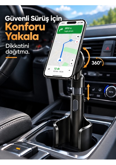 Araç İçi Bardaklık Telefon Tutucu Manyetik Magsafe Uyumlu Ayarlanabilir Telefon Standı Siyah