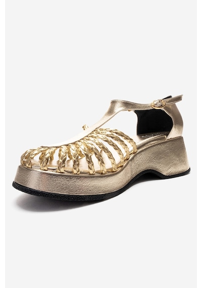 Luvishoes Barry Altın Örgü Detaylı Kadın Dolgu Topuklu Sandalet Altın