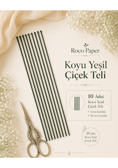 Pvc Plastik Kaplı Yeşil Çiçek Teli 2 Mm - 30 Cm, 10 Adet Bitki Sabitleme, Hobi Ve Aranjman Teli Koyu Yeşil