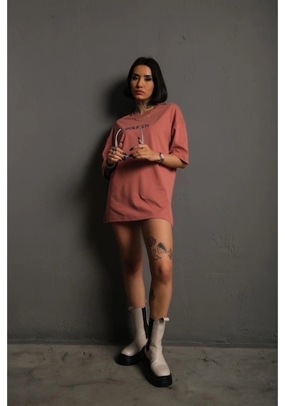 Kadın Oversize Tişört Golf Gtı Retro Araba Baskılı T-shirt - Gül Kurusu
