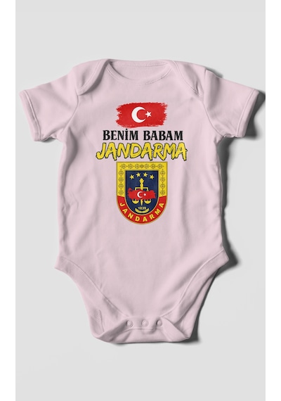 Morivokids Benim Babam Jandarma Kısa Kollu Bebek Body %100 Pamuk Bebe Pembe