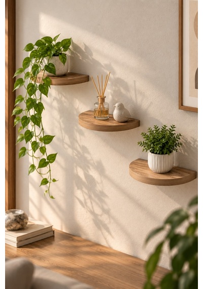 Sulorahome 3'lü Oval Duvar Rafı Ceviz Desenli 115 Cm