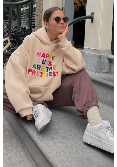 Bej Renkli Nakışlı Bisiklet Yaka Sweatshirt Mg1574