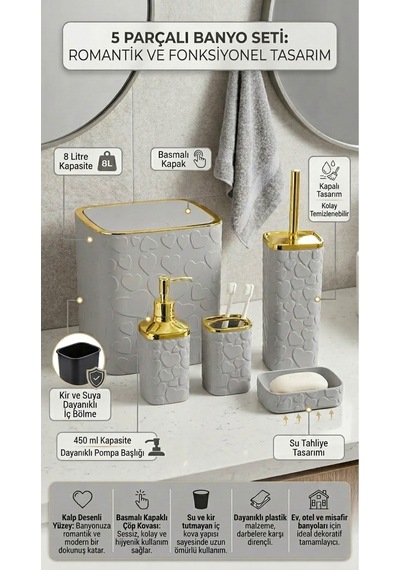 Makri Home 5 Parça Banyo Seti, Kalp Desenli, Gri Gold, Kare, Click Kapaklı, Hacim: 8 Litre Altın - Gri