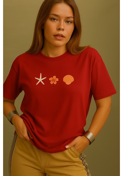 Uyguntarz Unisex İstiridye Kabuk Tasarım Basklı Tshirt Kırmızı