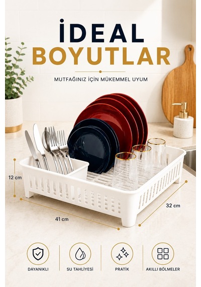 Sas Haus Bulaşıklık Tezgah Üstü Tabak Bardak Kurutmalık Plastik Bulaşık Sepeti 33x41 Cm Beyaz S-10567