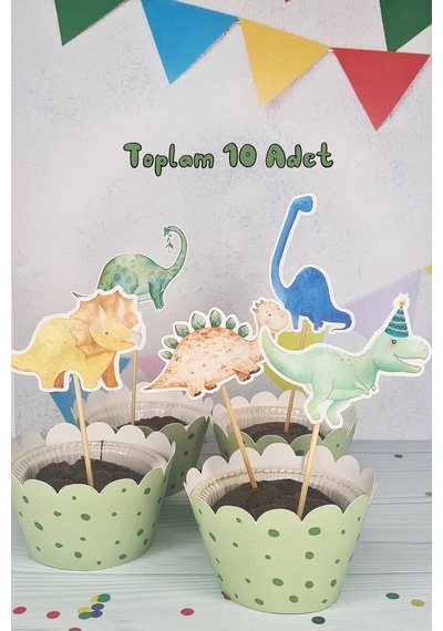 Dinozor Konsept Kürdan Süsleri Cupcake Süsleri Lüks Büyük Boy 10lu Paket 3+ Yaş