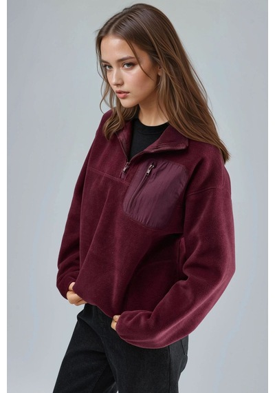 Hiccup Busem Fermuarlı Yakalı Peluş Örme Sweatshirt, Cepli Bordo Kırmızı