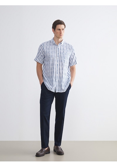 Lcwaıkıkı Classic Lacivert Regular Fit Kısa Kollu Çizgili Poplin Erkek Gömlek