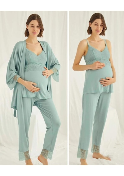 Monamise 18469 Yeşil Hamile Lohusa 3'lü Pijama Sabahlık Tk 001