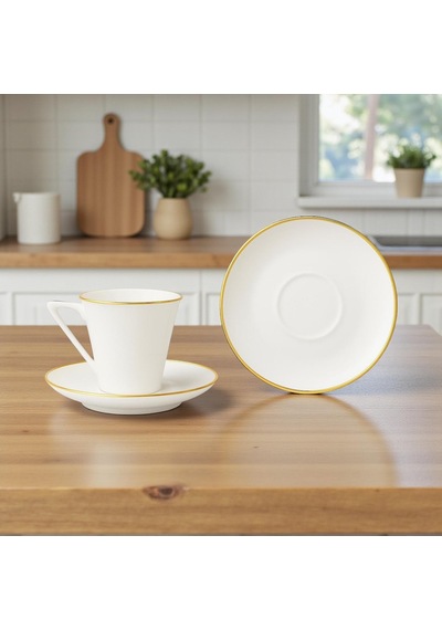 Özlife Pilea Ayaklı Porselen Yaldızlı Kahve Fincanı Seti Takımı 6 Kişilik 9019 Beyaz