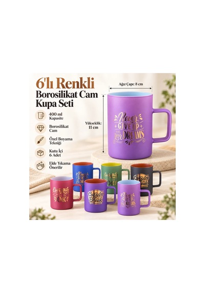 6 Lı Renkli Borosilikat Cam Kupa Seti 400 Ml Özel Boyama Desenli Cam Bardak Çok Renkli