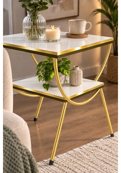 Sulorahome Gold Metal Yan Sehpa Ve Komodin Beyaz Altın - Beyaz