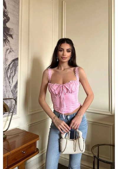 Meecy Kadın Dantelli Sırtı Bağlamalı Askılı Büstiyer Pembe Pembe