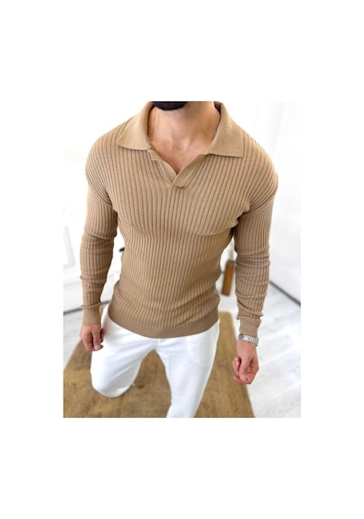 Elku Moda Kazak Slim Fit Polo Yaka Fitilli Yumuşak Dokulu Tüylenmez Sweatshirt Kahverengi