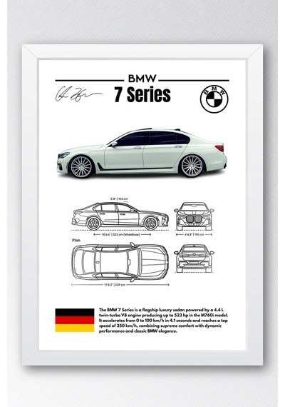 Bmw 7 Serisi Tablo - Teknik Özellikli Alman Lüks Sedan Poster - Çerçeveli Duvar Dekoru - Blueprint Beyaz