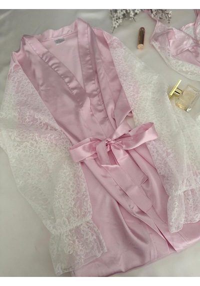 Mh Moony Homewears Saten The Special One Pembe Gecelik Sabahlık Seti Pembe