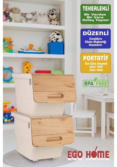 2li Tekerlekli Oyuncak Düzenleme Dolabı Kapaklı Oyuncak Sepeti Çok Amaçlı Kutu Mote 24 Lt Krem