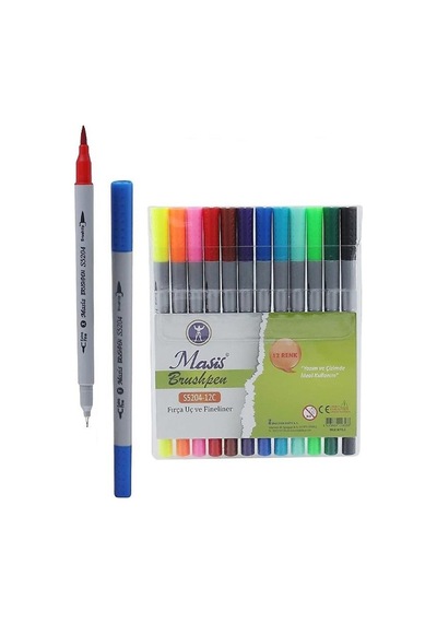 Fineliner Kalem Çift Yönlü 12 Renk 1 Paket Fırça Uç Ve Fineliner Brushpen 12li Keçe Uçlu Kalem Kalın İnce Keçeli Kalem
