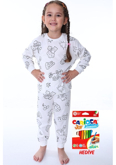 Zuzunga En Sevimli Figürler Özel Kalemi İle Boyanabilir Çocuk Pijama Takımı 12'li Kalem Seti Hediye Beyaz1 Beyaz