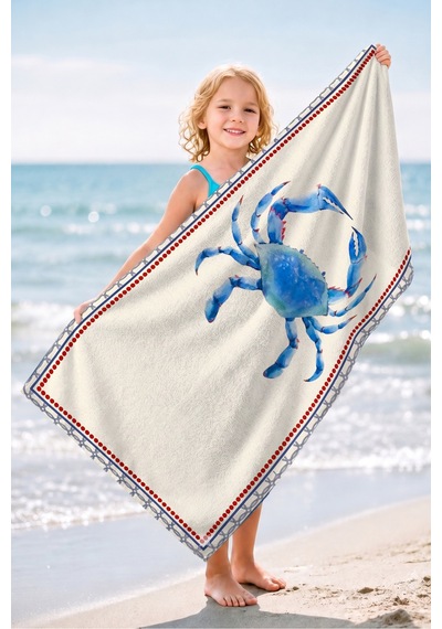 Yengeç Temalı Marine Plaj Havlusu-akdeniz Stili Mavi Krem Havuz Deniz Hızlı Kuruyan Mikrofiber Havlu Eski Zambak
