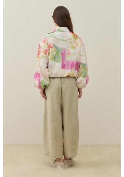 Molene Ekru Floral Tuval Desen Keten Bomber Ceket