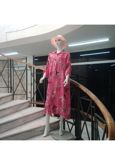 Bohem Stil İtalyan Gömlek Yaka Uzun Kol Dijital Baskılı Keten Elbise Pembe