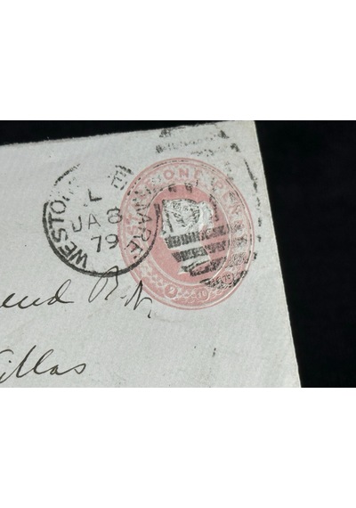 İngiltere Klasik Dönem 1879 Victoria Dönemi Pink Penny Kendinden Pullu Antiye Zarf Varış Damgalı