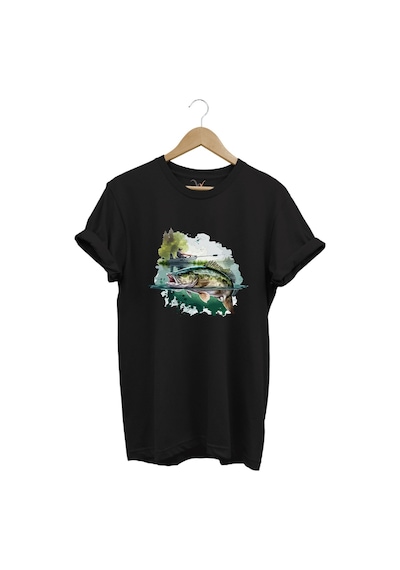 Balıkçılık Levrek Balığı Ve Teknede Olta Ile Balık Tutmak %100 Pamuk Regular Fit Siyah T-shirt Siyah