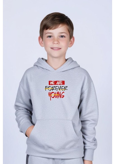 Panios Kids Kapüşonlu Kanguru Cepli Foreever Baskı Detaylı Erkek Çocuk Sweatshirt Gri